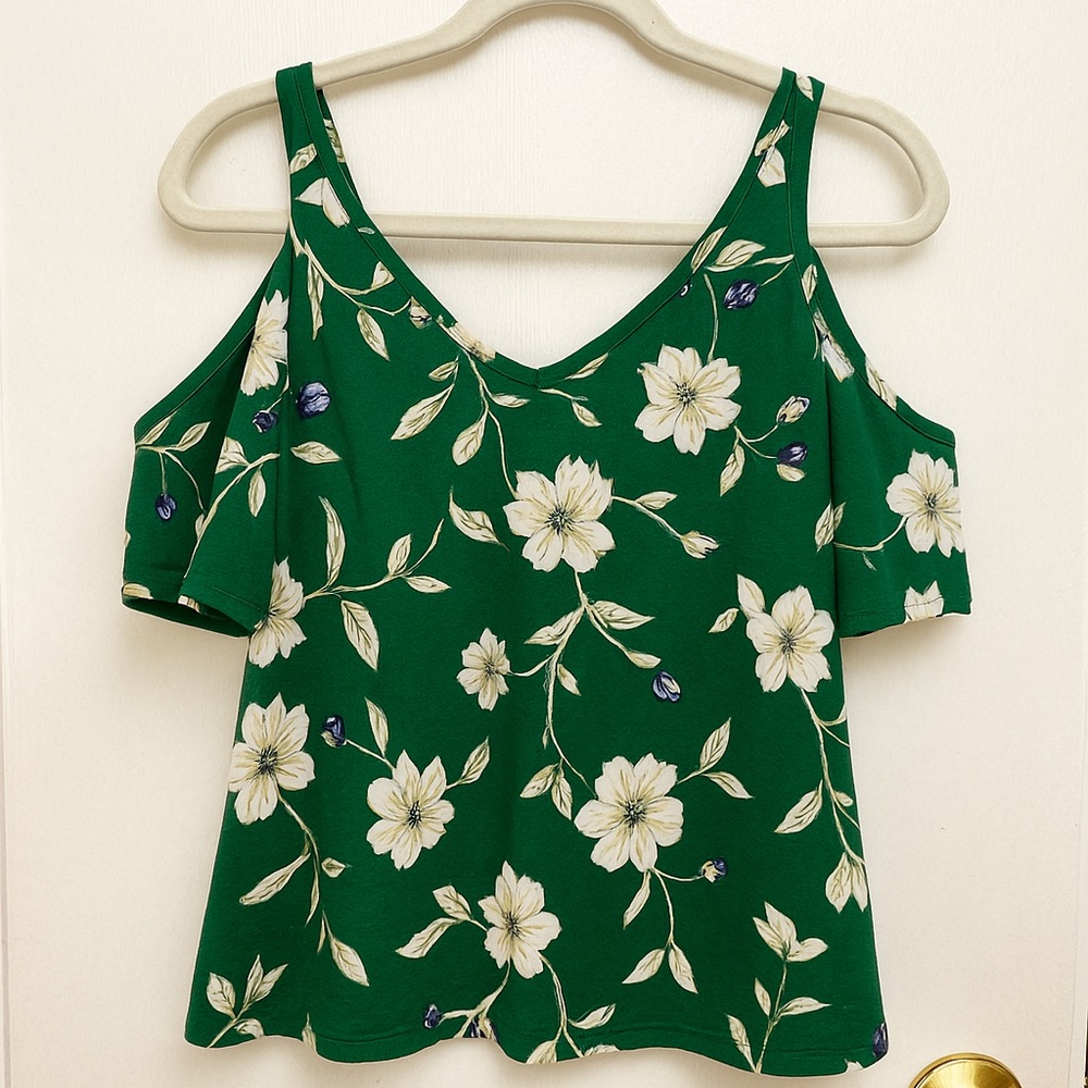 Green Floral Cold Shoulder Blouse – V-Neck Ruffle Sleeve Top - Size S